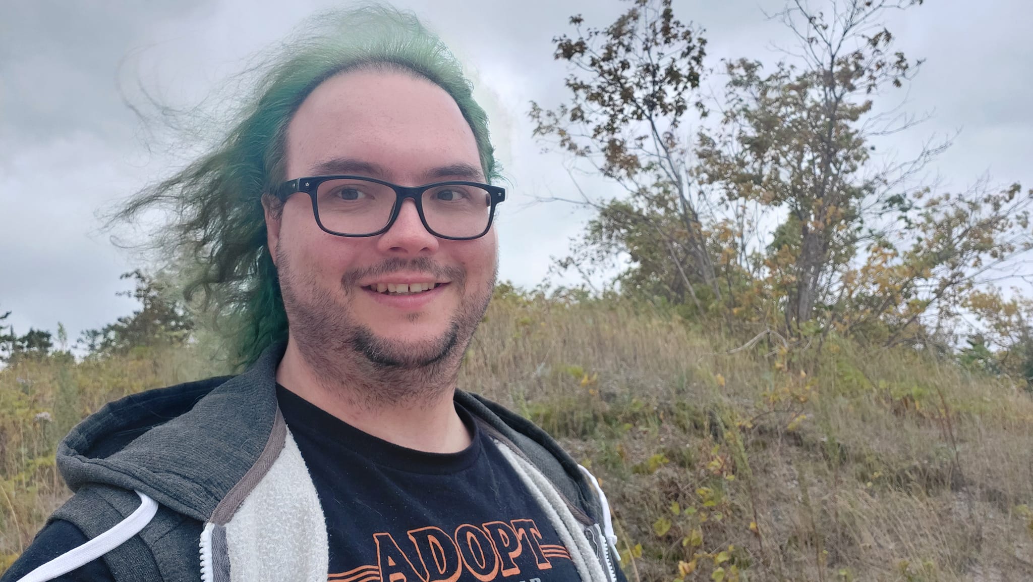 A man with long green hair stands on a grassy hill, the sky is cloudy